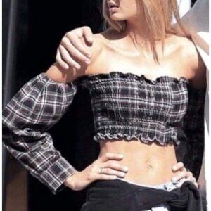 Furst of a Kind Flannel Crop Top Long Sleeve Off Shoulder Strapless Top Small